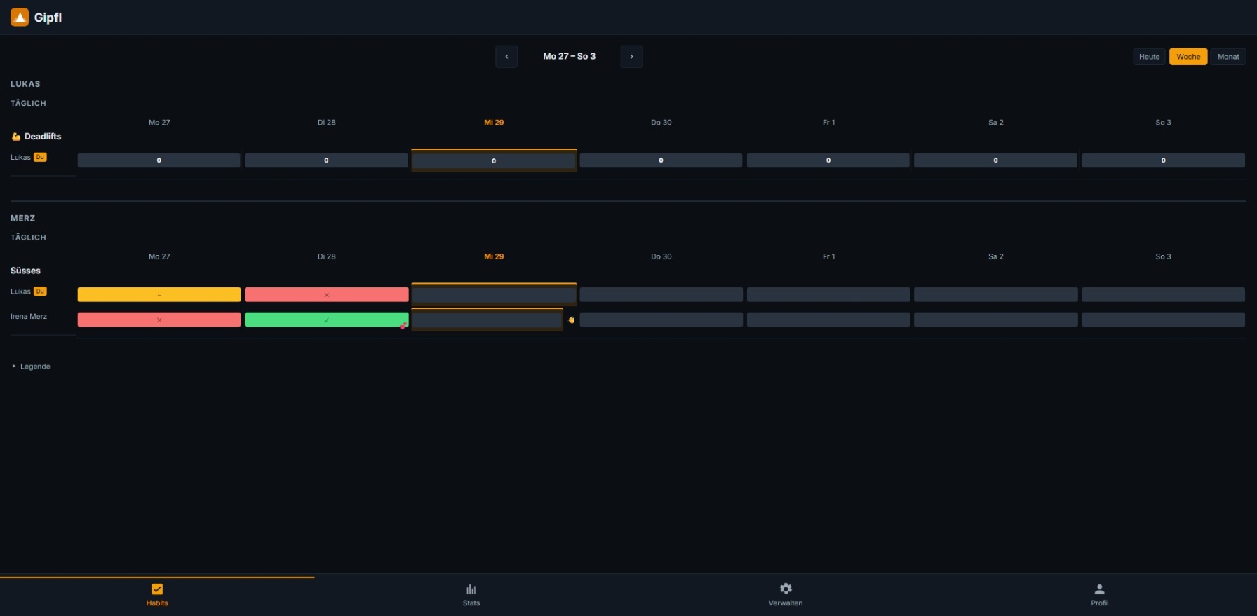 Gipfl shared habit tracker desktop view showing two partners' check-ins on a weekly grid